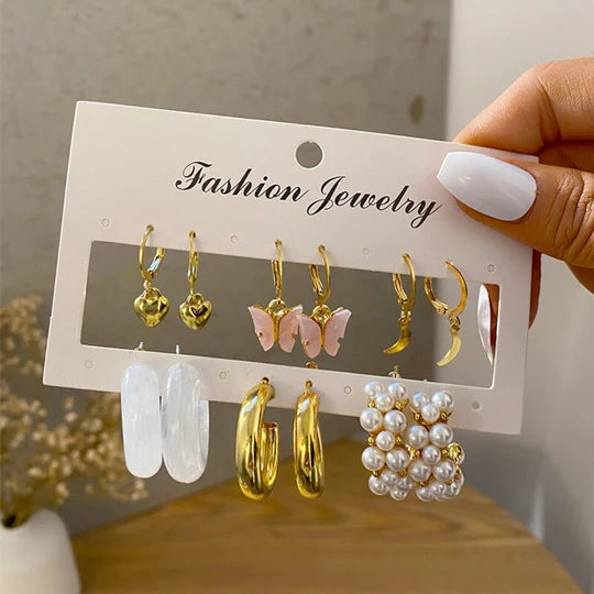 6 Pieces Pearl Gold Butterfly Stud Pack - Emberil