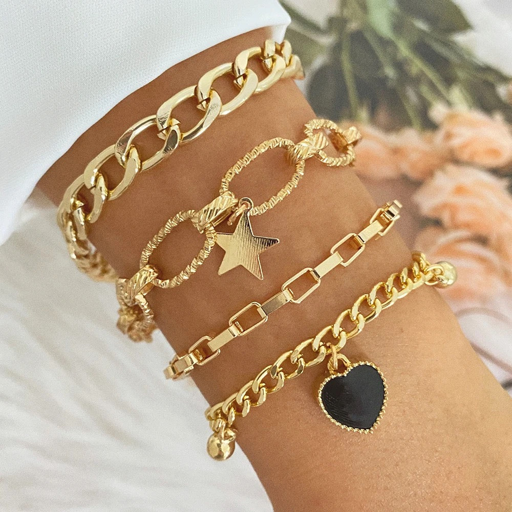 Black Heart Gold Chain Bracelets Set-Emberil