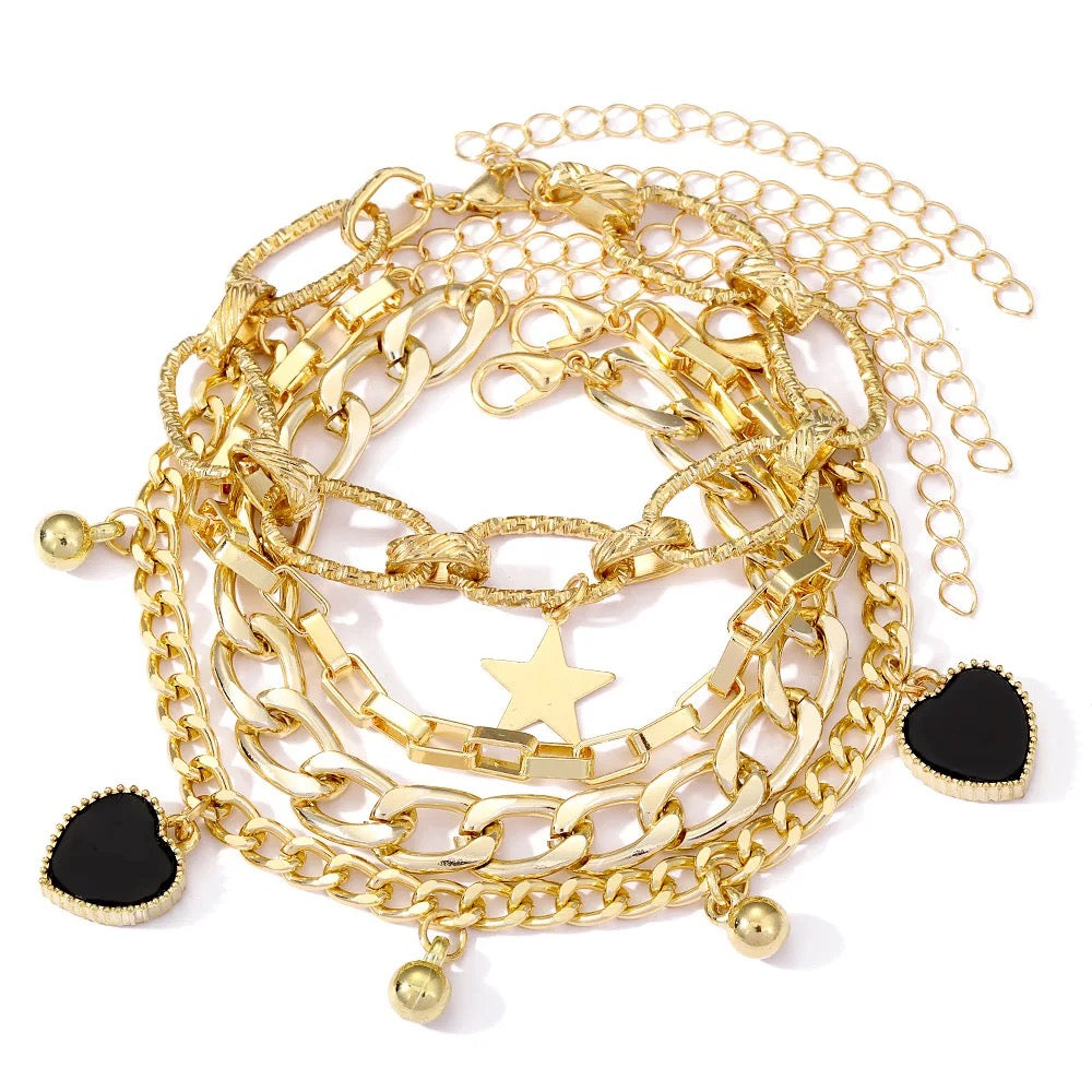 Black Heart Gold Chain Bracelets Set-Emberil