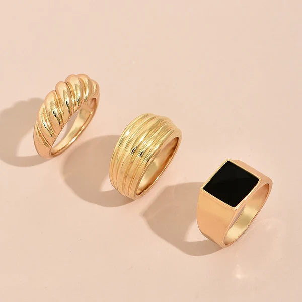 Onyx Bold Gold Ring Set - 3 Pcs - Emberil