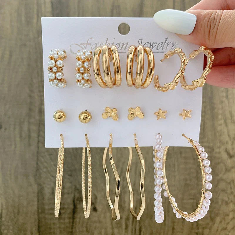 Pearl-Gold Hoops Stud Set-Emberil