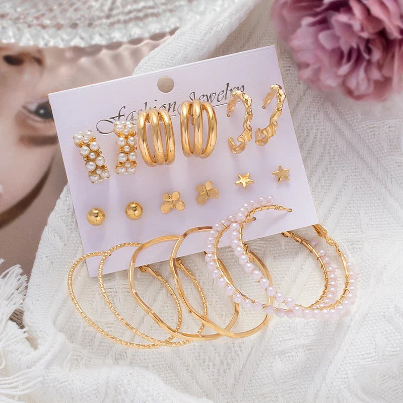 Pearl-Gold Hoops Stud Set-Emberil