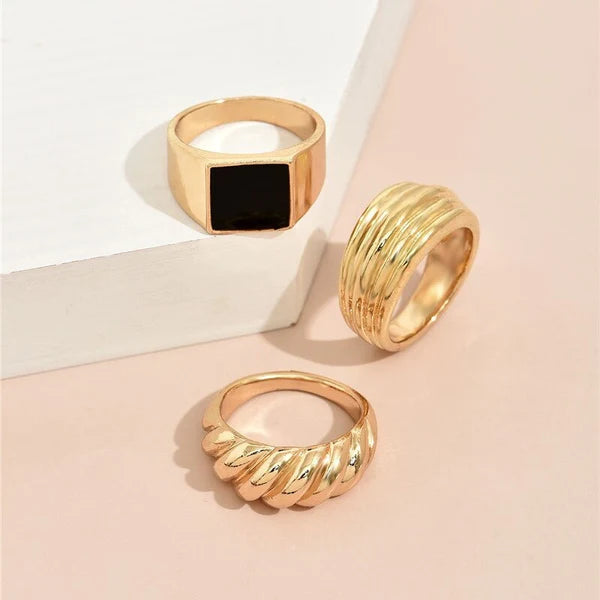 Onyx Bold Gold Ring Set - 3 Pcs - Emberil