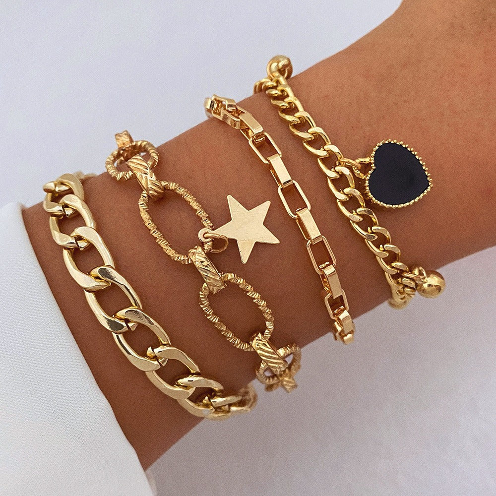 Black Heart Gold Chain Bracelets Set-Emberil