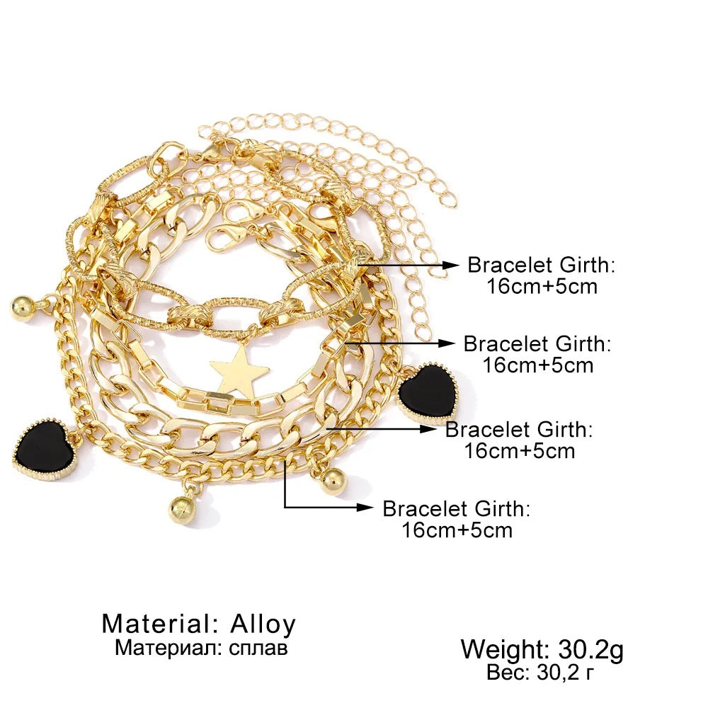 Black Heart Gold Chain Bracelets Set-Emberil