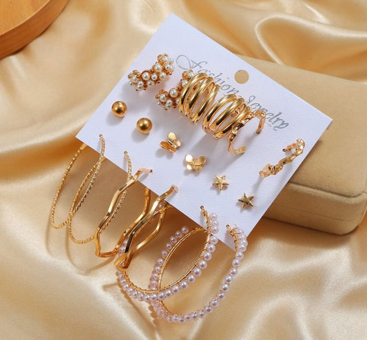 Pearl-Gold Hoops Stud Set-Emberil