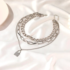 3 Layers Thick Micro-Inlaid Lock-Shaped Long Necklace