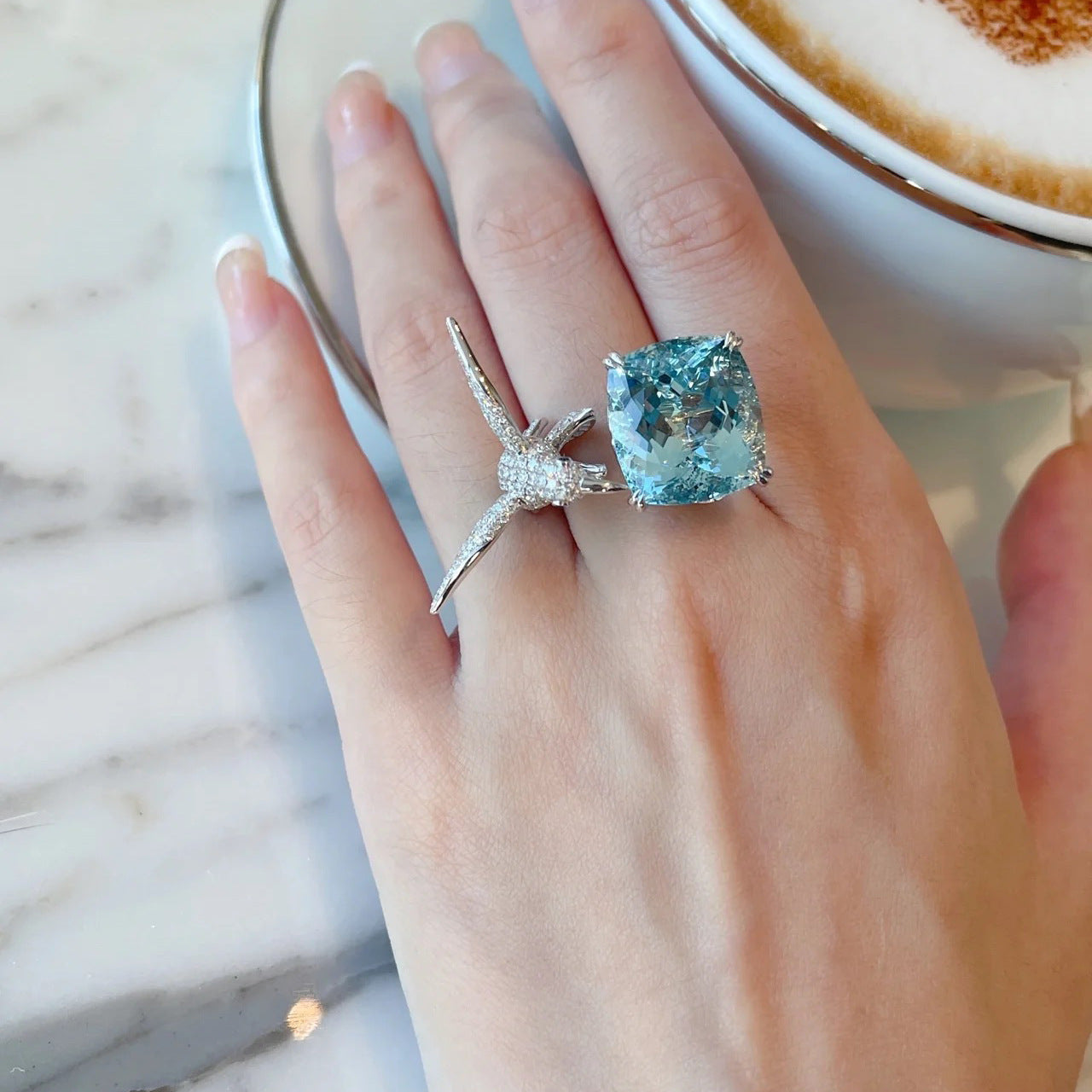 Luxury Blue Cubic Zirconia Bird Ring - S925 (Adjustable) - Emberil