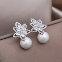 Sparkling Flower Pearl Studs-Emberil