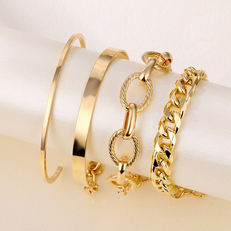 4Pcs Thick Chain Open Bracelets Set - Emberil