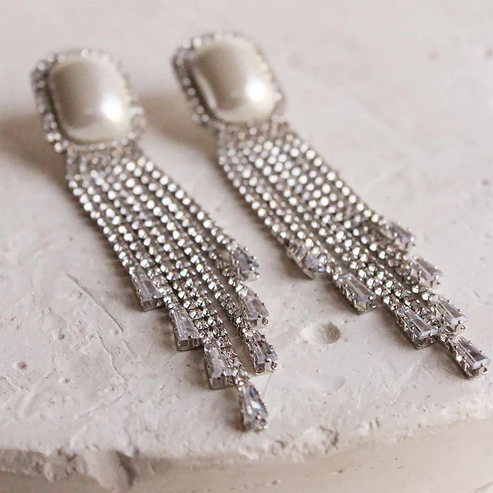 Silver Long Tassel Full Rhinestone Drop Earrings - Emberil