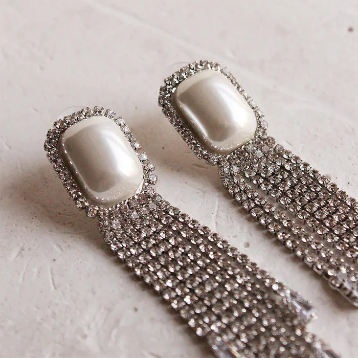 Silver Long Tassel Full Rhinestone Drop Earrings - Emberil