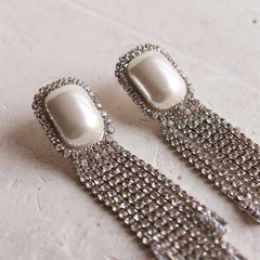 Silver Long Tassel Full Rhinestone Drop Earrings - Emberil