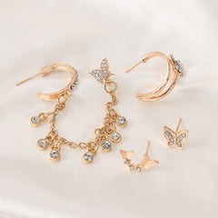 4 Pcs Butterfly Chain Rhinestone Tassel Earrings - Emberil