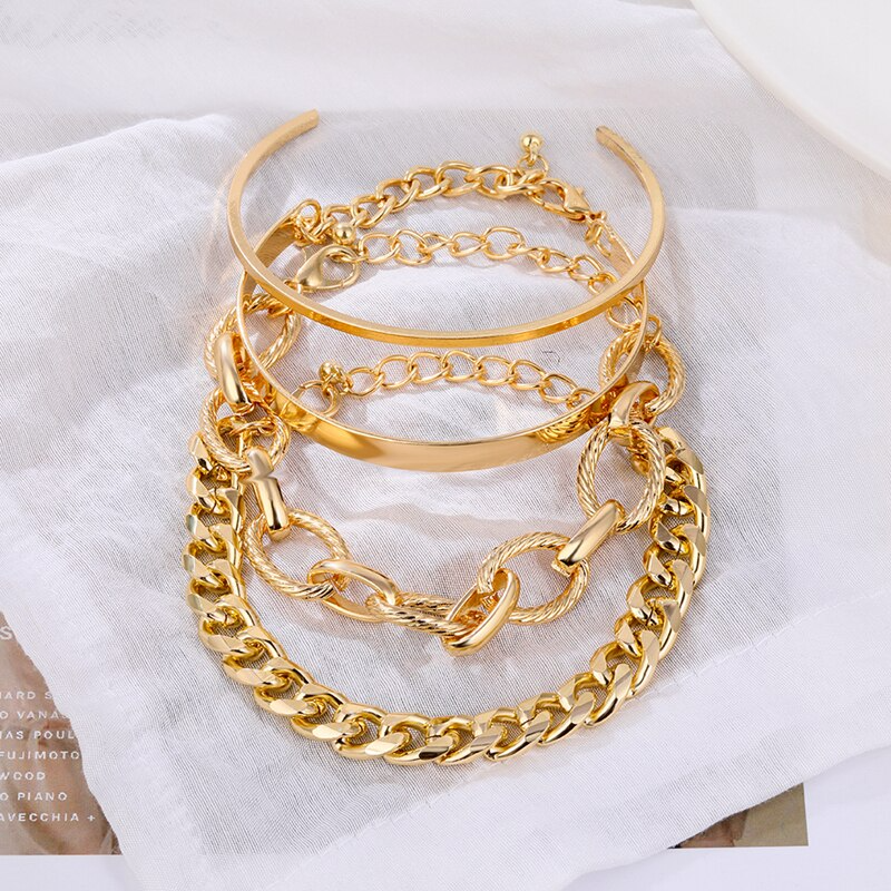 4Pcs Thick Chain Open Bracelets Set - Emberil