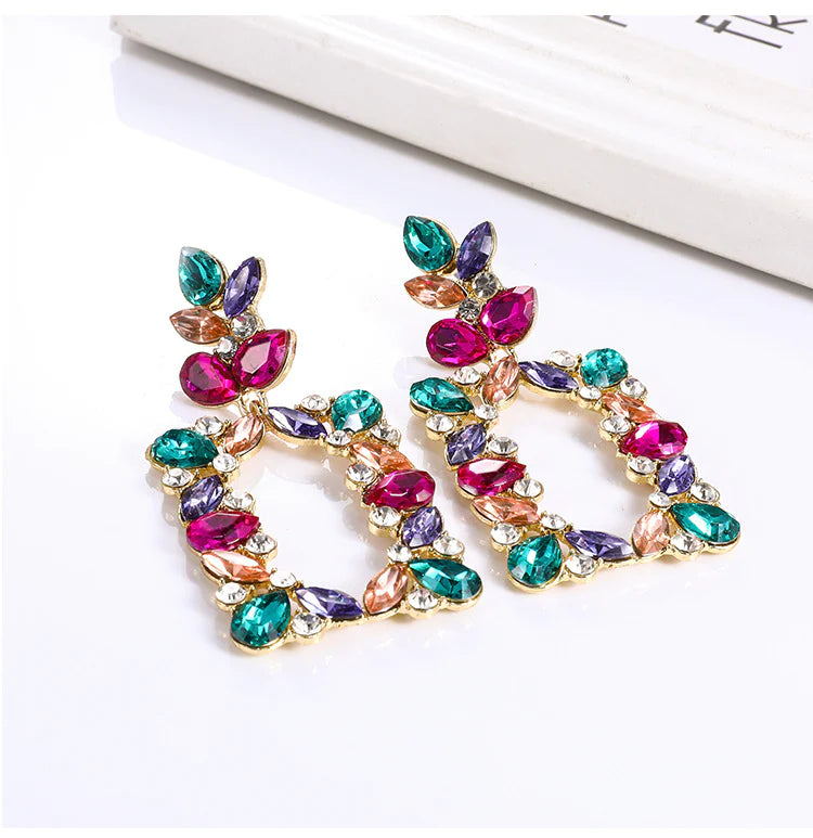 Multi Rectangular Rhinestone Statement Earrings - Emberil