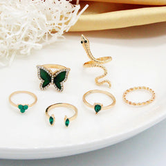 6 Pcs Luxury Green Rhinestone Butterfly Rings Set - Emberil