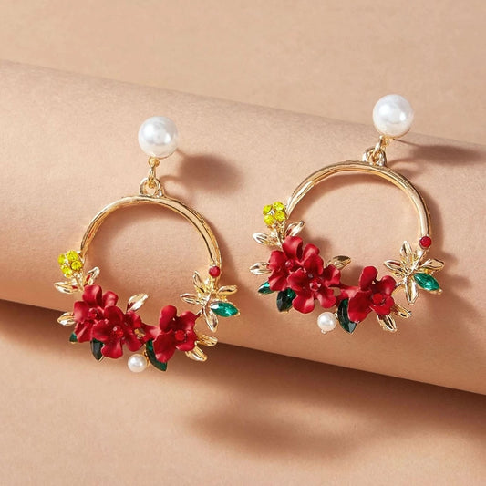 Pearl Decor Flower Hoop Drop Earrings - Emberil