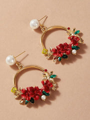 Pearl Decor Flower Hoop Drop Earrings - Emberil