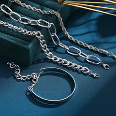 4Pcs Thick Chain Open Bracelets Set Silver - Emberil