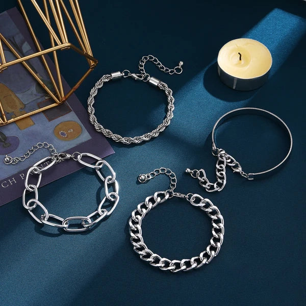 4Pcs Thick Chain Open Bracelets Set Silver - Emberil