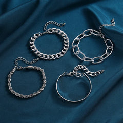 4Pcs Thick Chain Open Bracelets Set Silver - Emberil