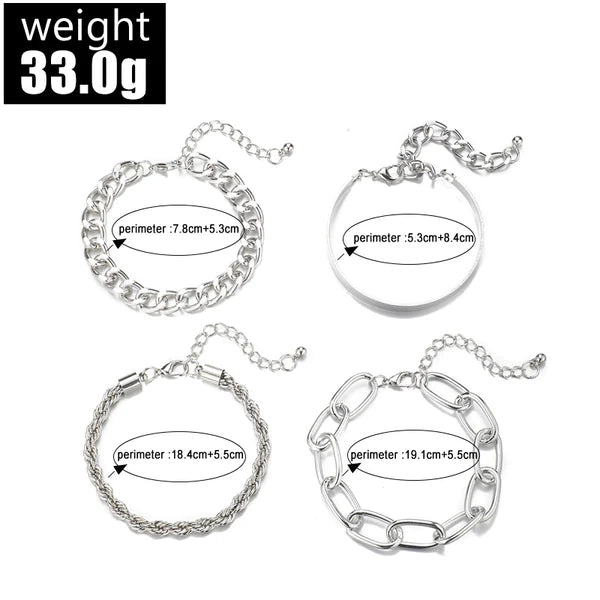 4Pcs Thick Chain Open Bracelets Set Silver - Emberil