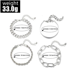 4Pcs Thick Chain Open Bracelets Set Silver - Emberil