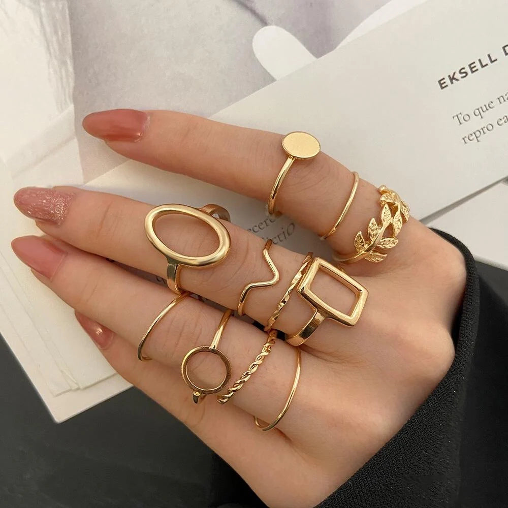 11 Pcs Bohemian Golden Geometric Ring Set - Emberil