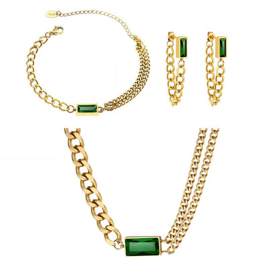 Emerald Green Gemstone Necklace Set with Bracelet & Earrings - Emberil