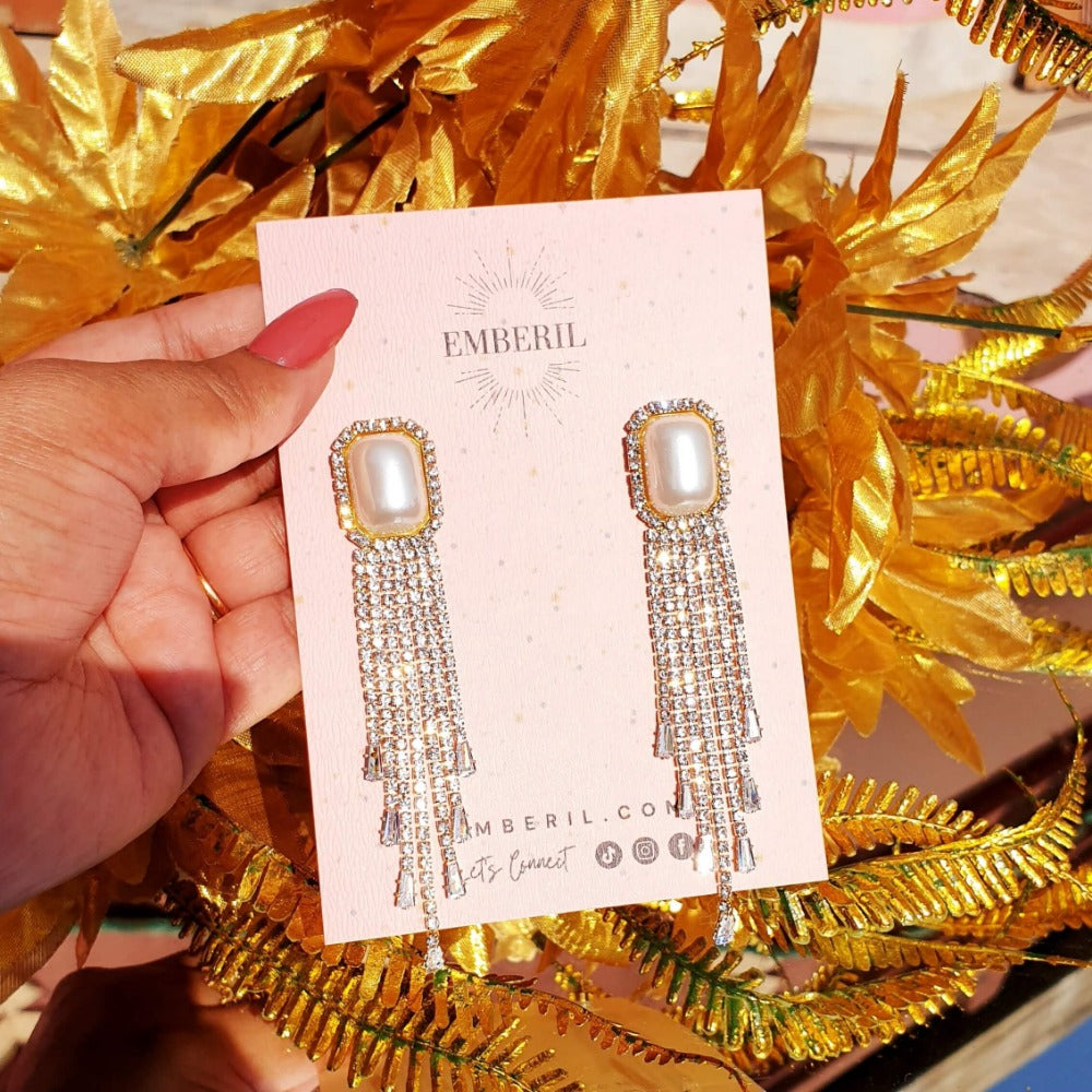 Golden Long Tassel Full Rhinestone Drop Earrings - Emberil