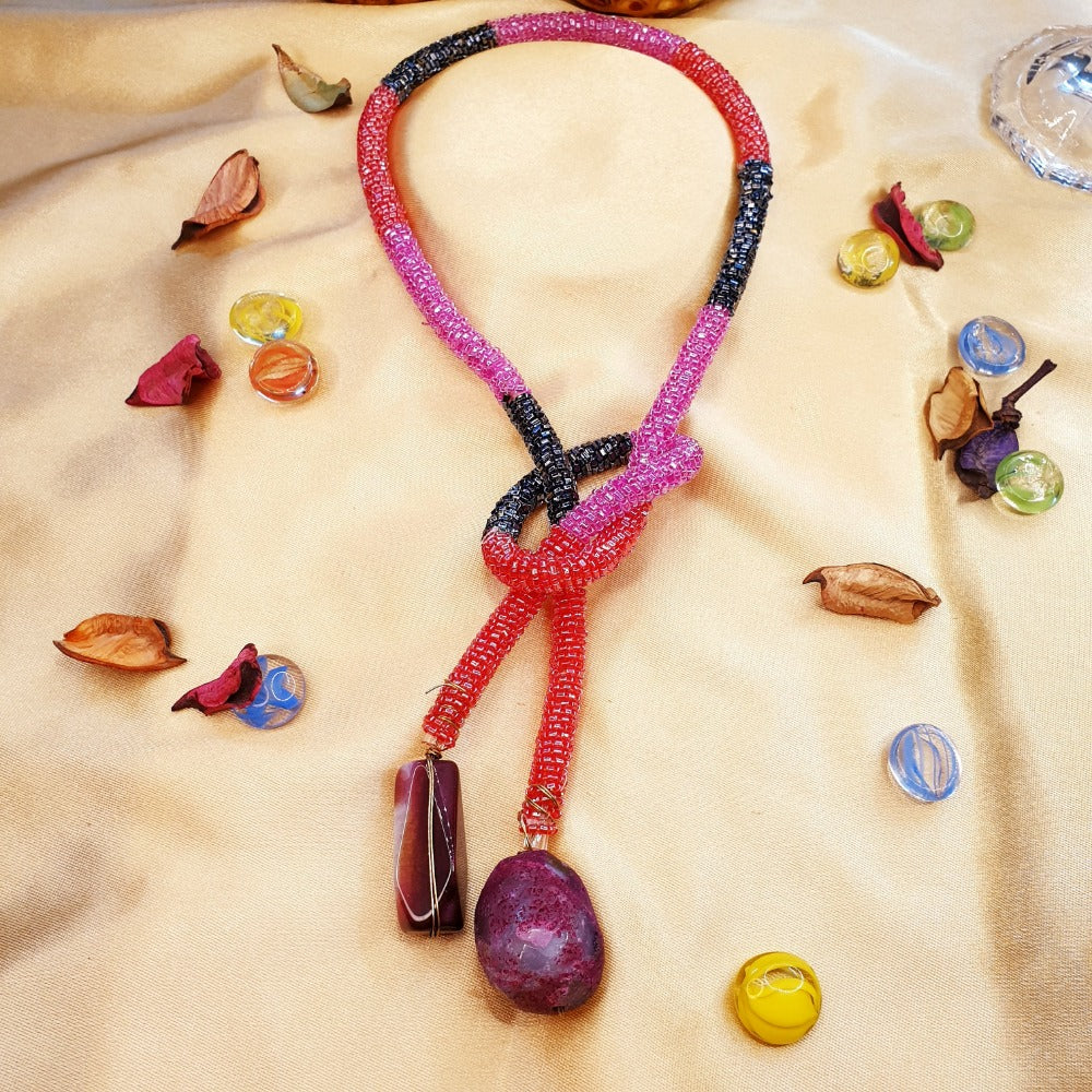 Purple Stone Rope Tied Necklace - Emberil