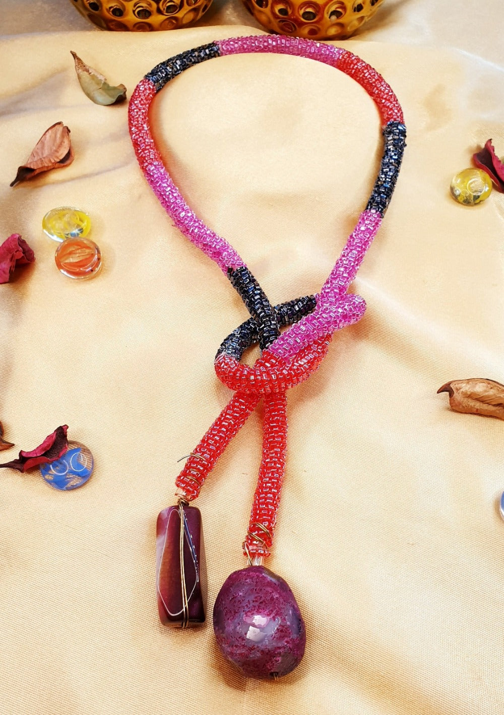 Purple Stone Rope Tied Necklace - Emberil