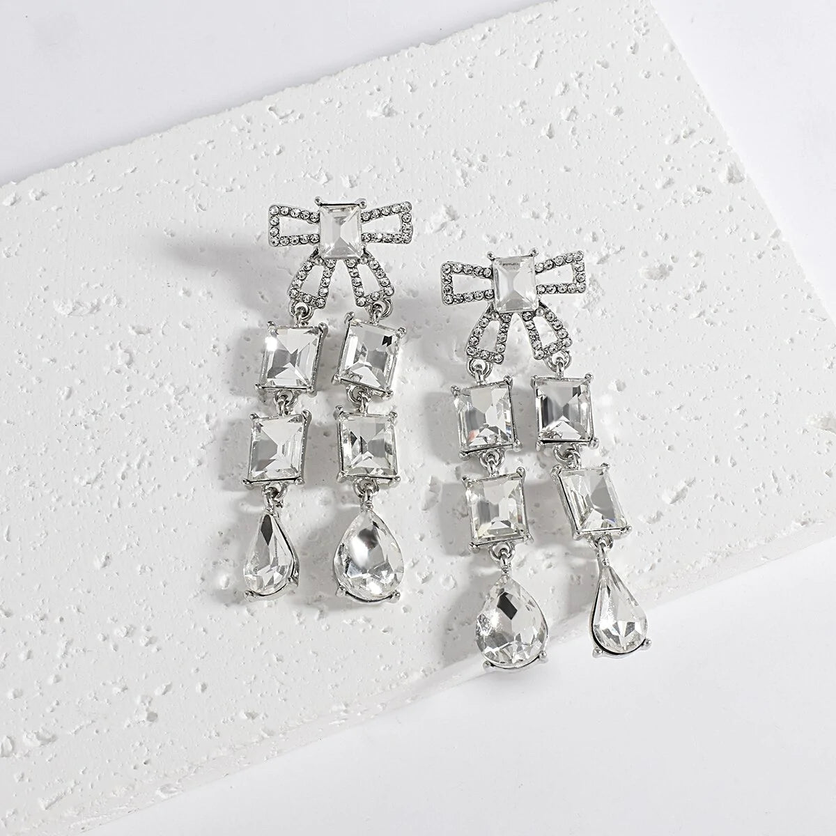 Luxury Bowknot Square Crystal Glass Drop Earrings - Emberil