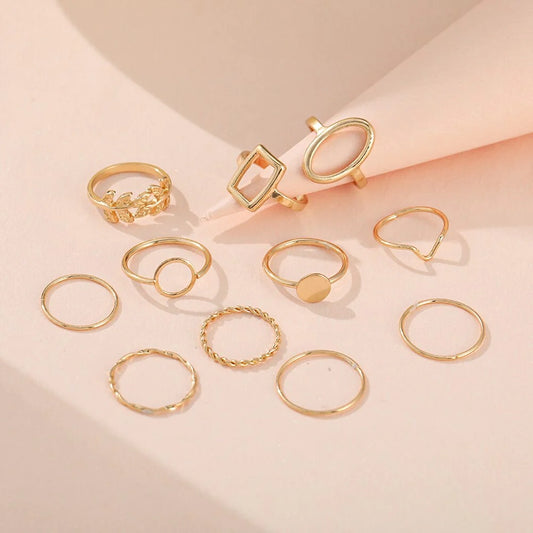 11 Pcs Bohemian Golden Geometric Ring Set - Emberil