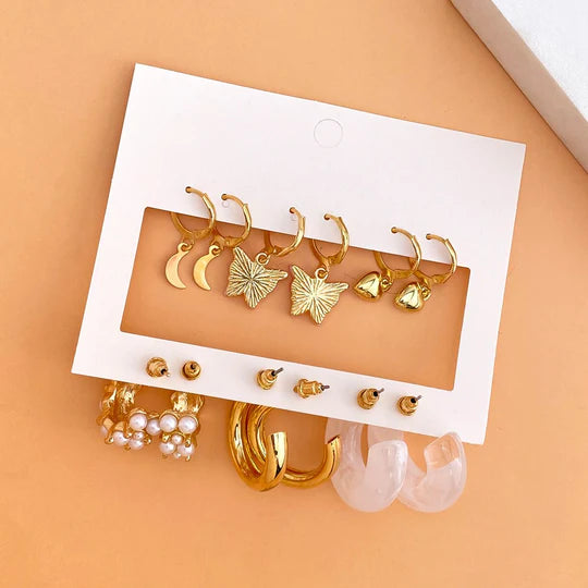 6 Pieces Pearl Gold Butterfly Stud Pack - Emberil