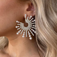 Fireworks Luxury Rhinestone Imitation Pearl Statement Earrings - S925 - Emberil