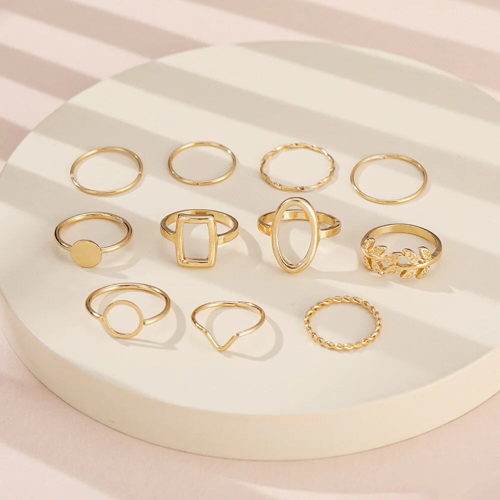 11 Pcs Bohemian Golden Geometric Ring Set - Emberil