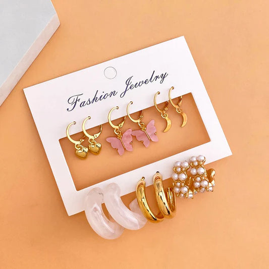 6 Pieces Pearl Gold Butterfly Stud Pack - Emberil