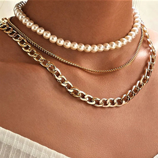 3 Layers Pearl Chains Trendy Necklace - Emberil