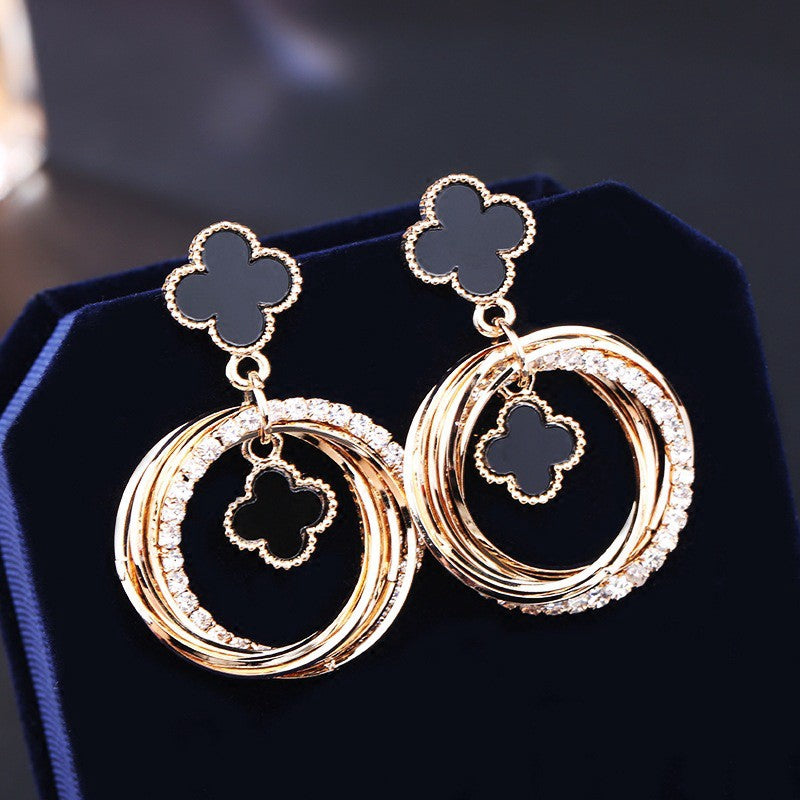 Four-leaf Clover Round Crystal Earrings S925 - Emberil