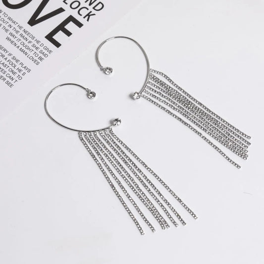 Silver Tassel Luxury Rhinestone Ear Clips - Emberil