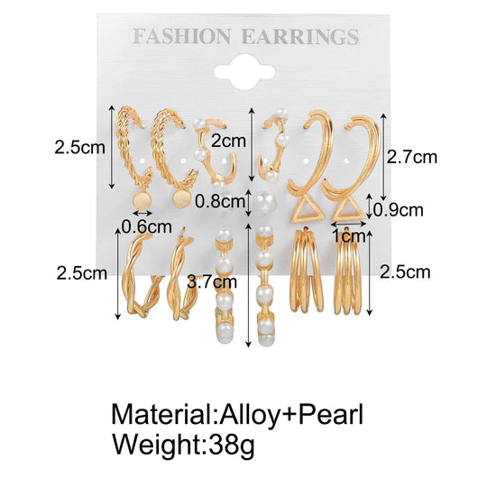 9 Pieces Elegant Pearl Hoops Stud Pack - Golden - Emberil