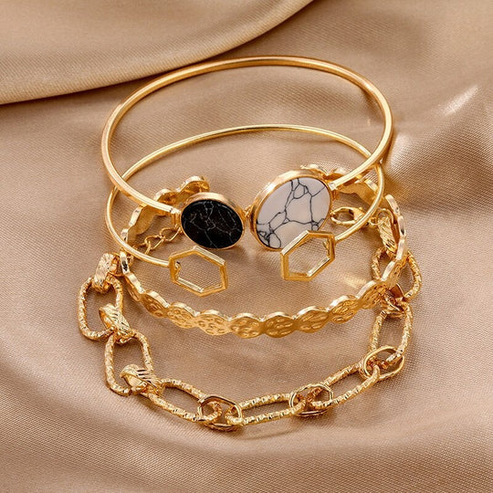 3Pcs Bracelets Charm Jewelry Set Golden Metal Multilayered Chain Bangle - Emberil