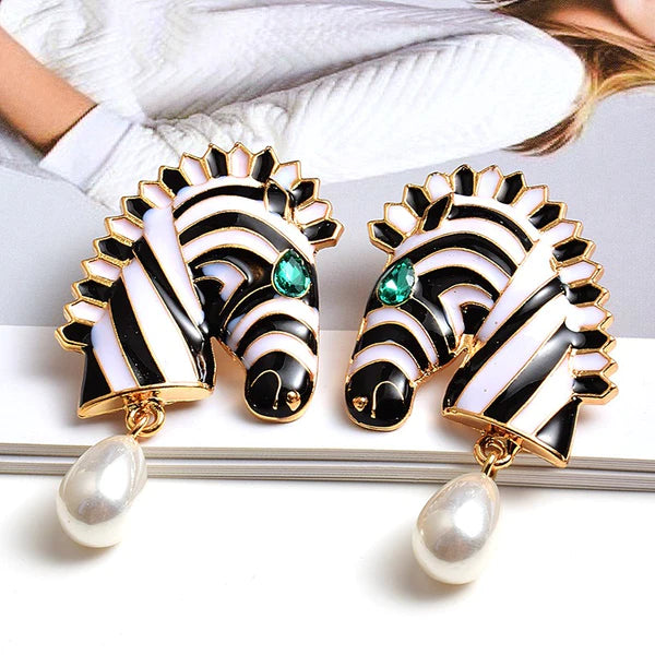 White Zebra Pearl Drop Earrings - Emberil