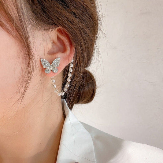 Full Zircon Butterfly Pearl Tassel Ear Clip - S925