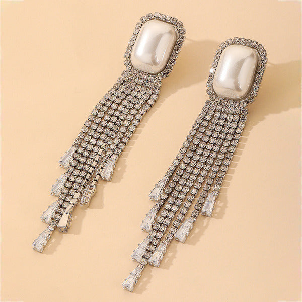 Silver Long Tassel Full Rhinestone Drop Earrings - Emberil