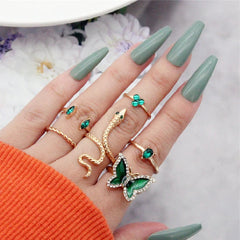 6 Pcs Luxury Green Rhinestone Butterfly Rings Set - Emberil