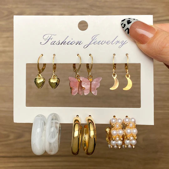 6 Pieces Pearl Gold Butterfly Stud Pack - Emberil