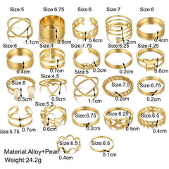 22 Pcs Bohemian Golden Pearl Butterfly Ring Set - Emberil